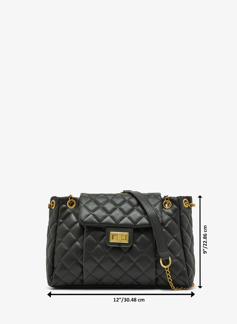 ELLA Black Quilted Textured Chain Detail Gold Accent Shoulder Bag for Women | Best Price UAE